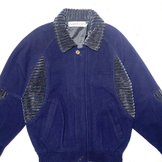 Quessco Batoni navy wool bomber jacket with grey inserts, 1980s Italy perfect condition