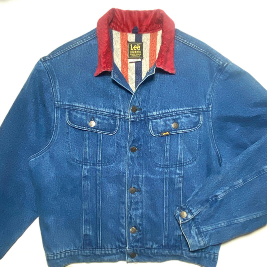 70s Lee Storm Riders Shawnee Mission indigo denim jacket blanket lined trucker jacket with red corduroy collar, rare and mint