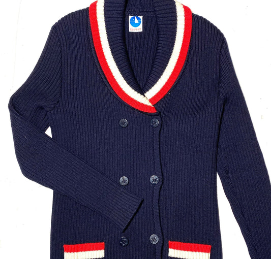 Skipper 70s slim fit double breast ribbed mariner/ sailor jumper with red/white Stripes & anchor buttons, mint condition 80s Italy