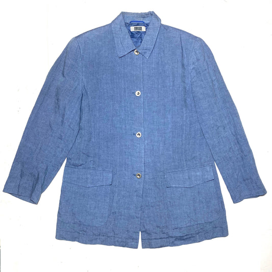 Krizia Per Te baby blue 100% linen Japanese workwear inspired jacket sz FR44 GB16