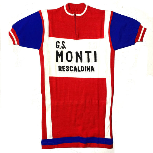1970s Cycling Jersey GS Monti beautiful pattern blue/red/blue with appliqué lettering, mint