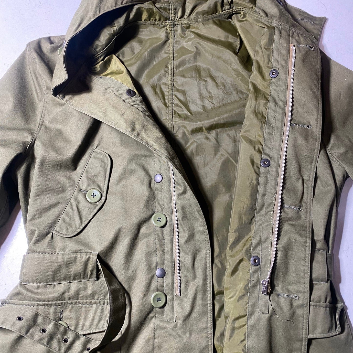 Italian military hooded rain coat/ parka cotton shell with hydro repellent lining, sz 50 M/L mint