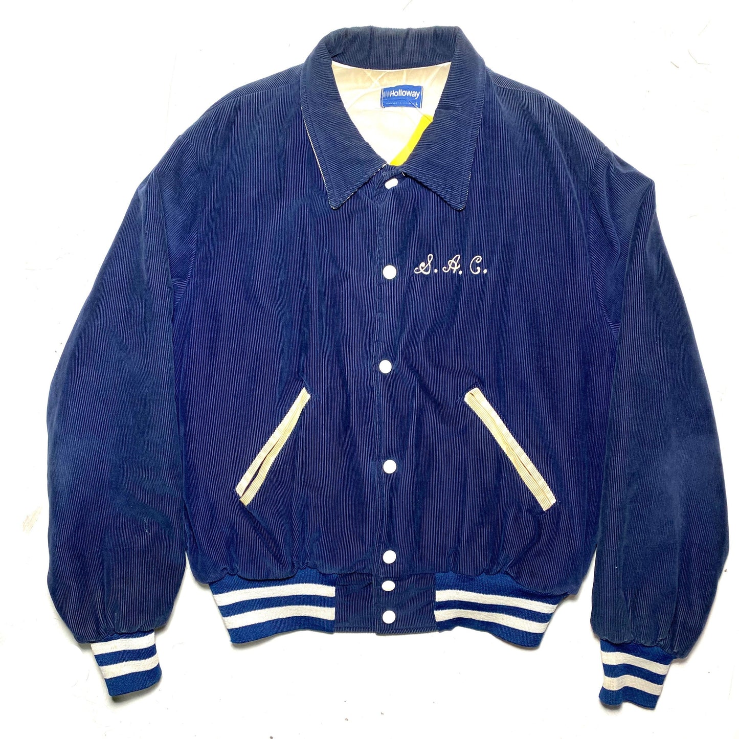 One of a kind embroidered navy corduroy varsity for “SAC precision die and machine co. Plastic mold specialists” in mint condition