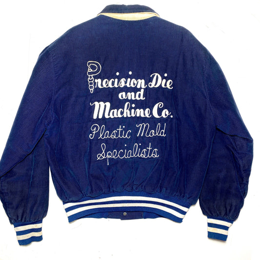 One of a kind embroidered navy corduroy varsity for “SAC precision die and machine co. Plastic mold specialists” in mint condition