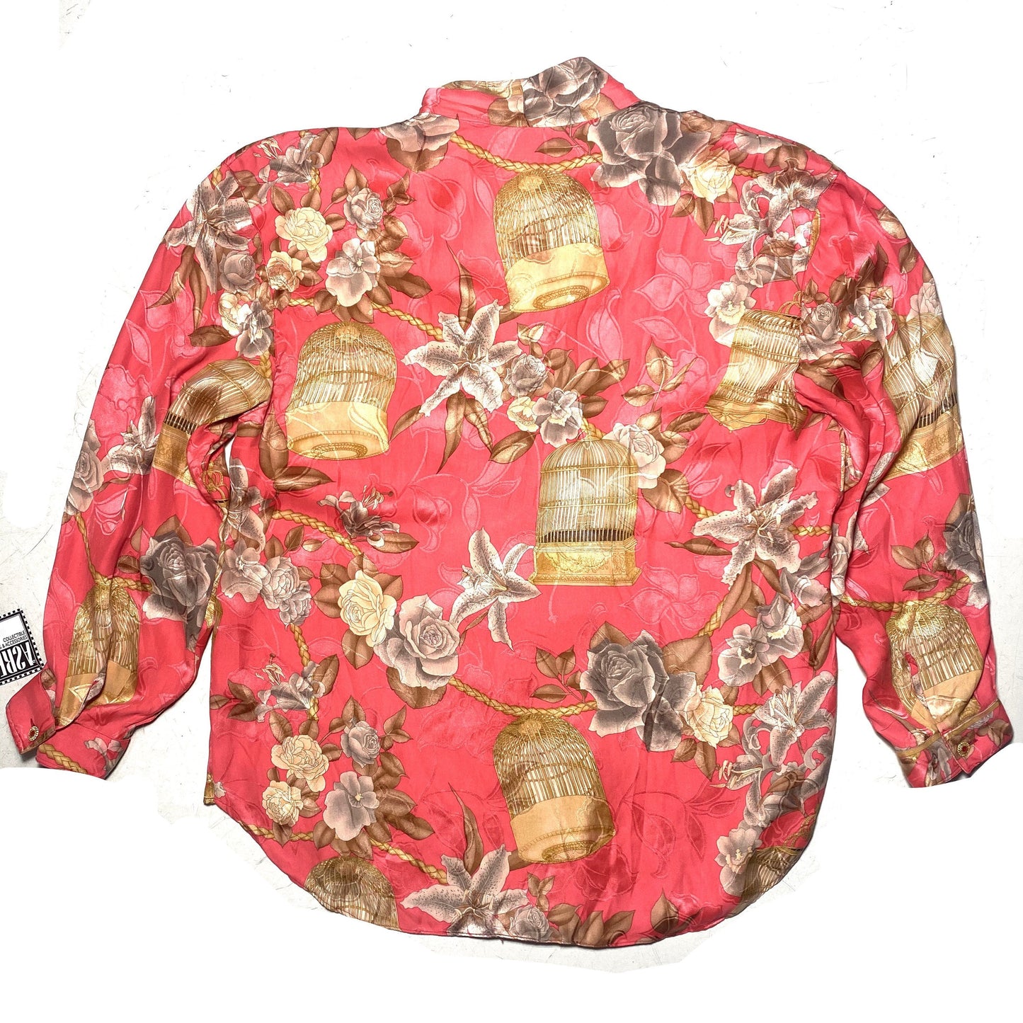 One of a kind pure silk baroque flowers / bird cages allover blouse with filigree buttons, 80s Italy mint