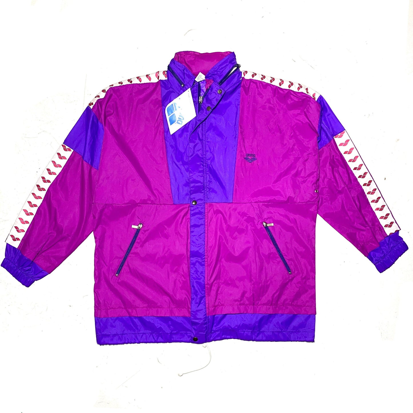 Arena 90s fucsia/purple rain jacket with extractable hood, new with tags made in Italy