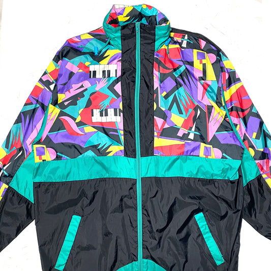 Terrific keyboard/piano colorful print nylon rain jacket with retractable hood, sz L mint condition