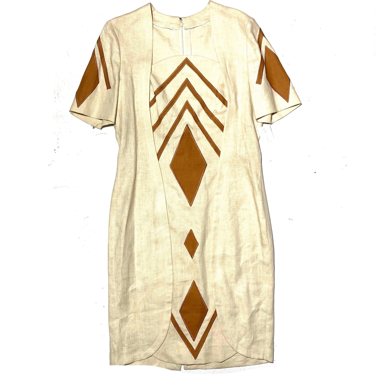 Cavaliere couture Milano beige linen dress with brown embroidered inserts, NOS 80s w/tags