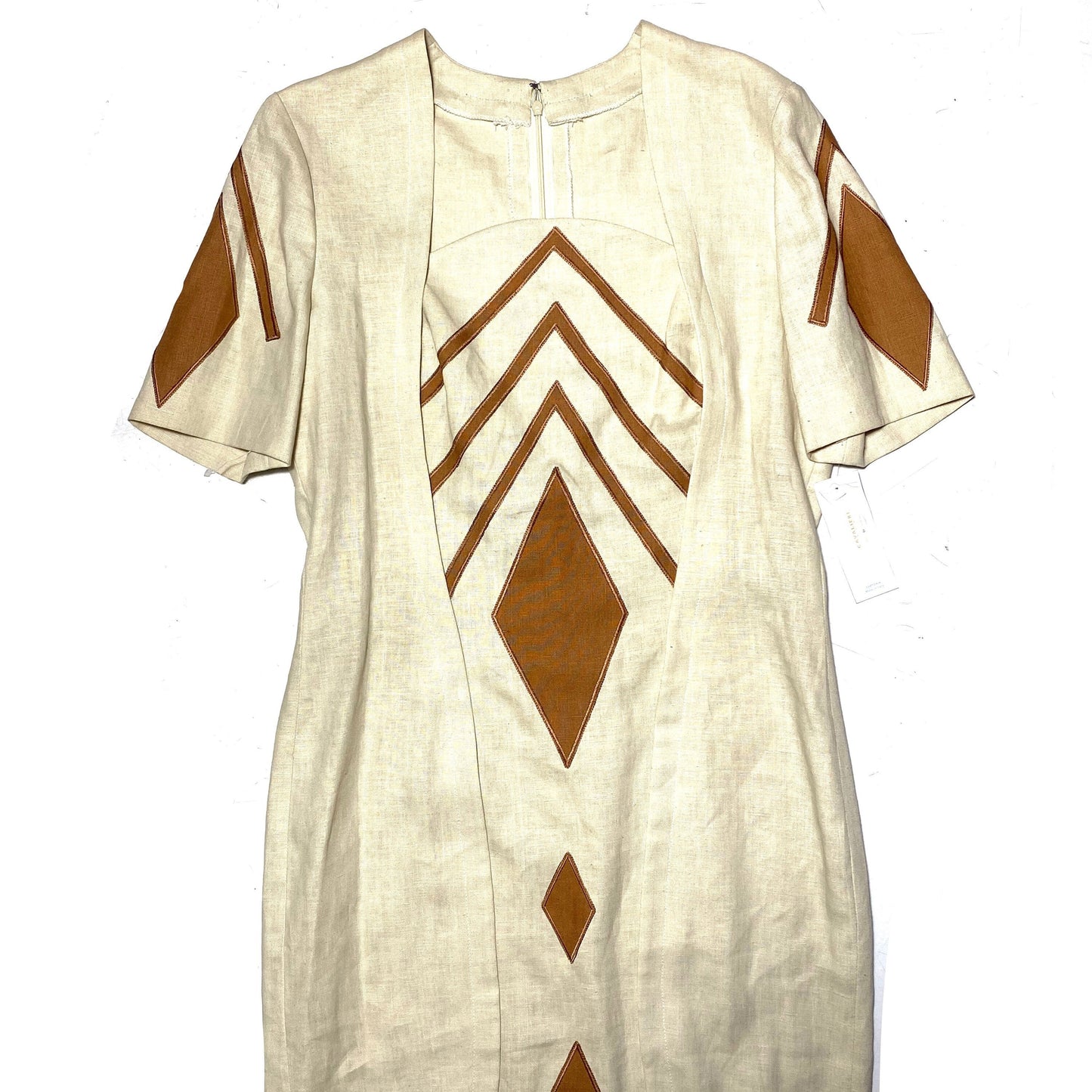 Cavaliere couture Milano beige linen dress with brown embroidered inserts, NOS 80s w/tags