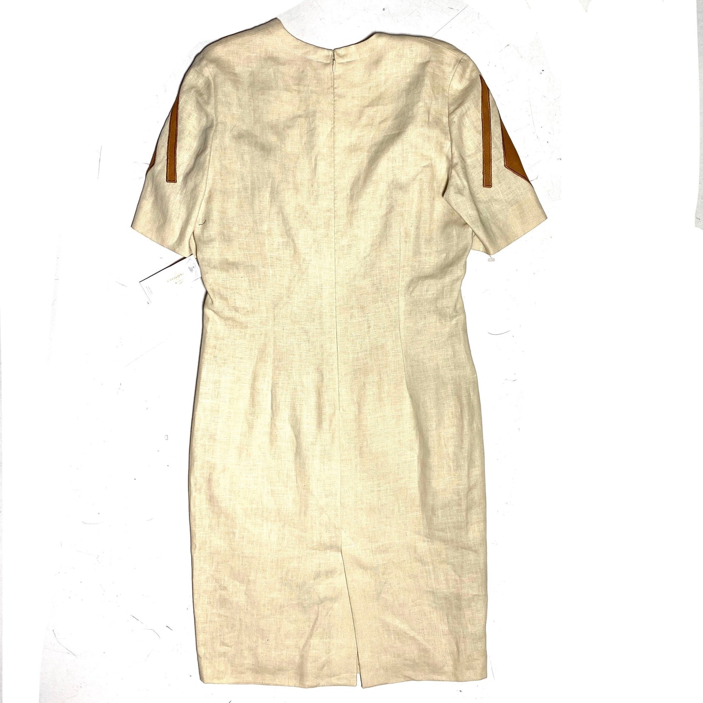 Cavaliere couture Milano beige linen dress with brown embroidered inserts, NOS 80s w/tags