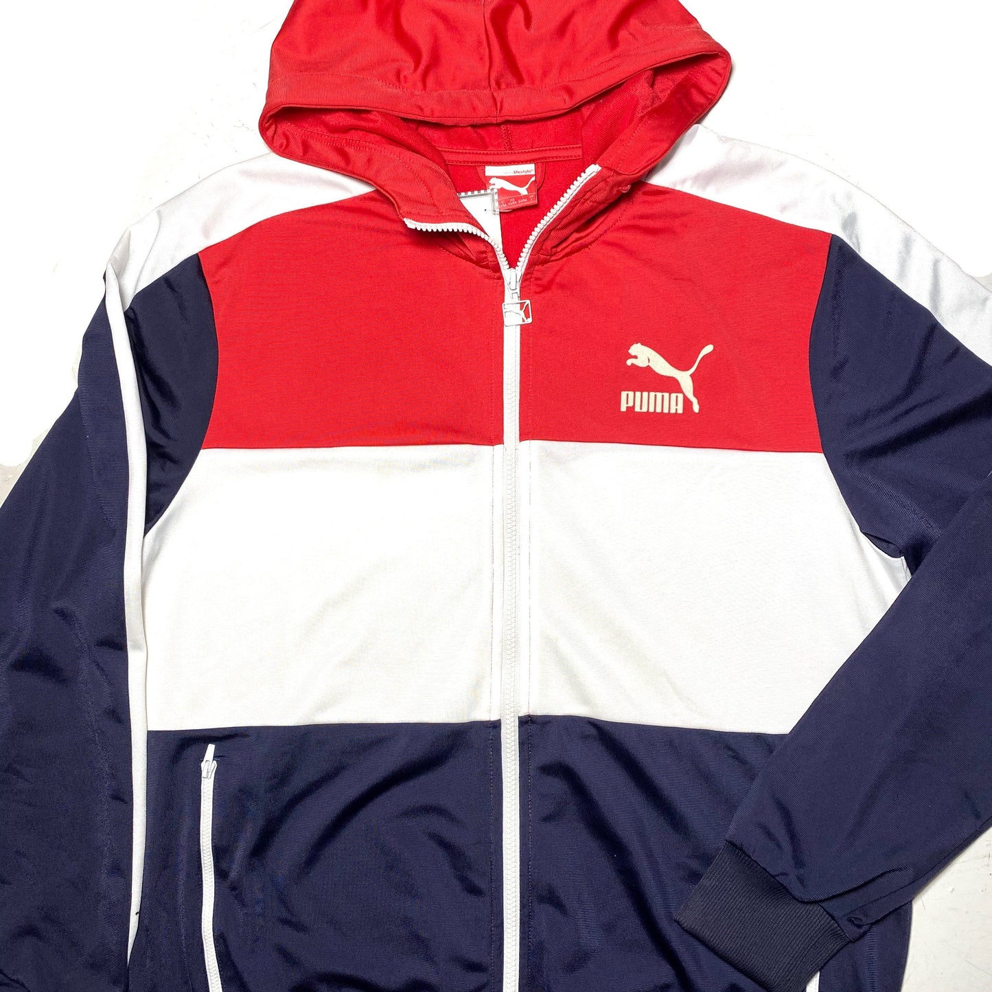 Puma hooded windbreaker, France flag split pattern jacket sz L, great condition