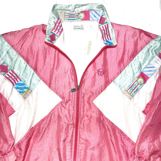 Sergio Tacchini 90s pink/white satin tracktop jacket with signature jacquard ribbon, Mint condition.