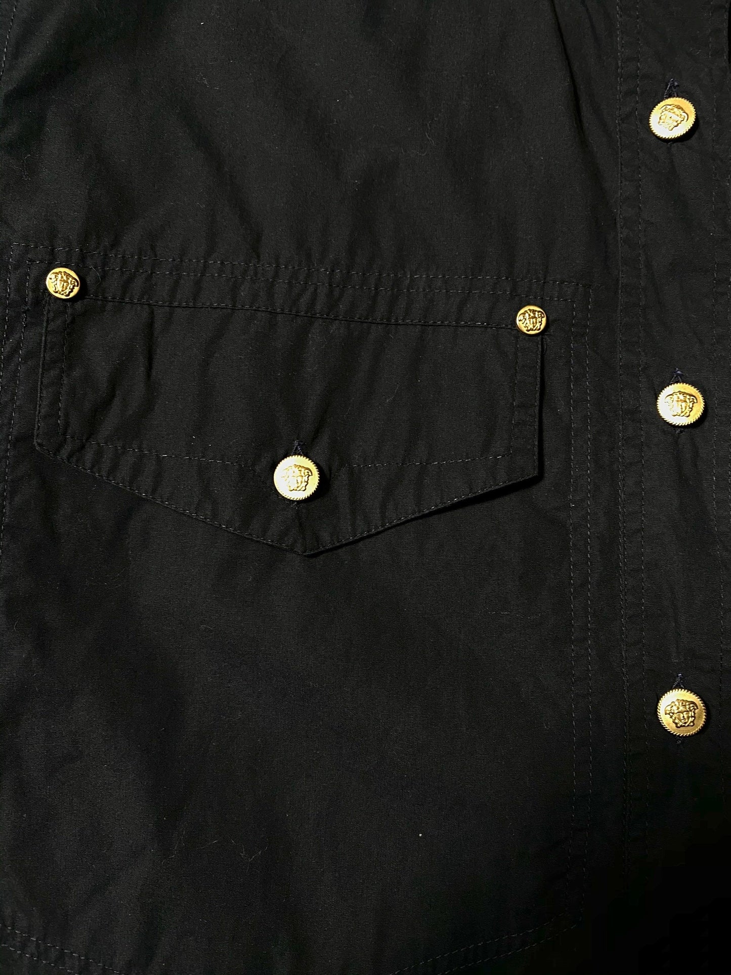 Versace Jeans signature black cotton shirt with mandarin collar and golden medusa buttons, 90s mint condition