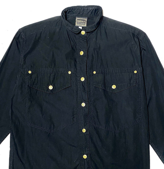 Versace Jeans signature black cotton shirt with mandarin collar and golden medusa buttons, 90s mint condition