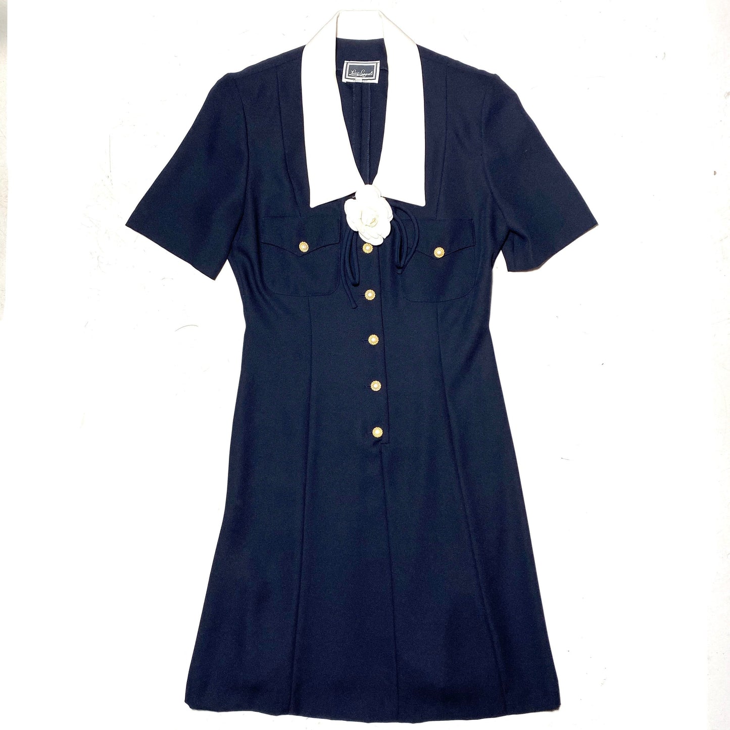 Luisa Spagnoli navy dress with white collar and fabric flower adornement, scholar bon ton style, 90s Italy mint sz 42