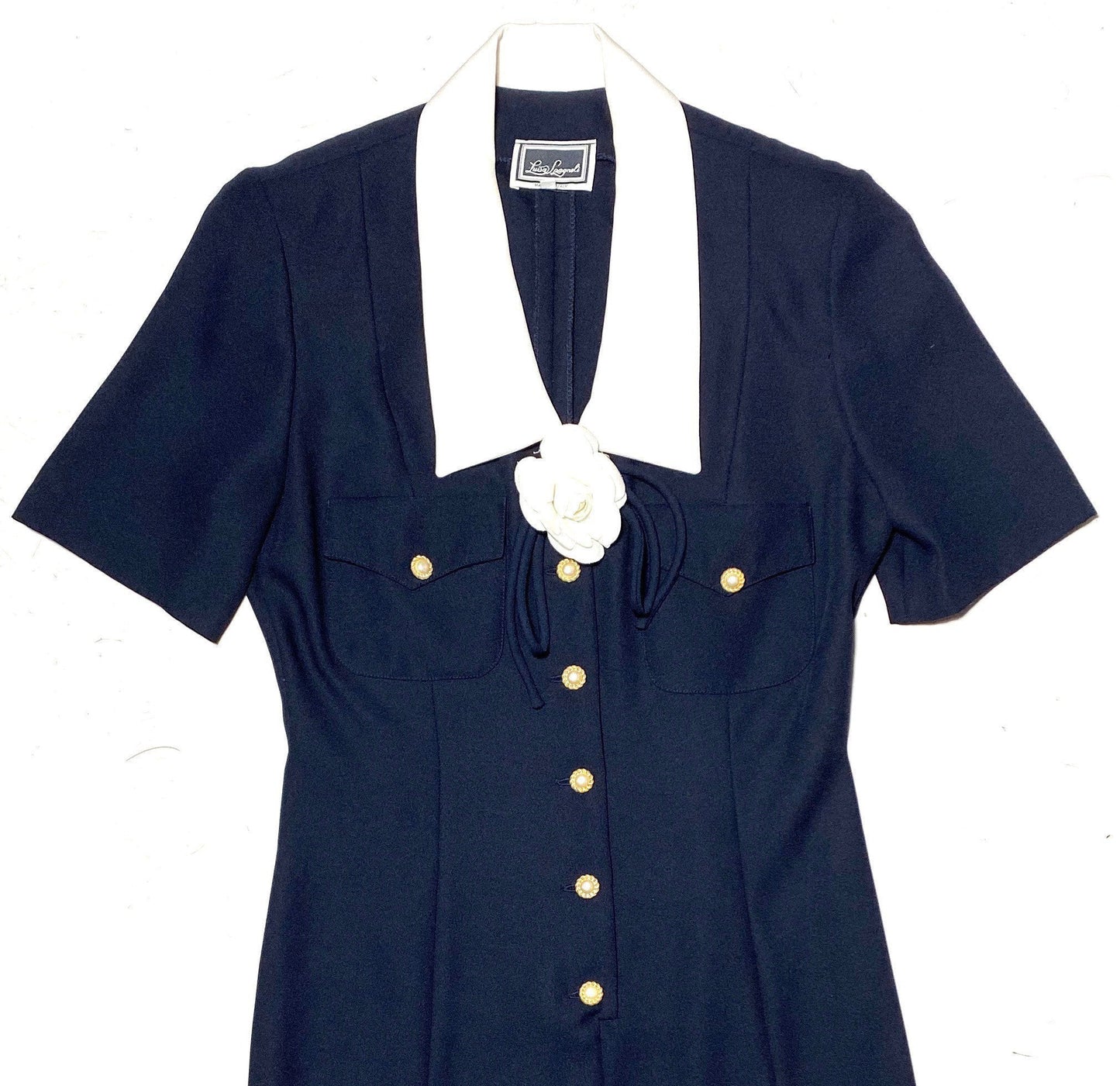 Luisa Spagnoli navy dress with white collar and fabric flower adornement, scholar bon ton style, 90s Italy mint sz 42