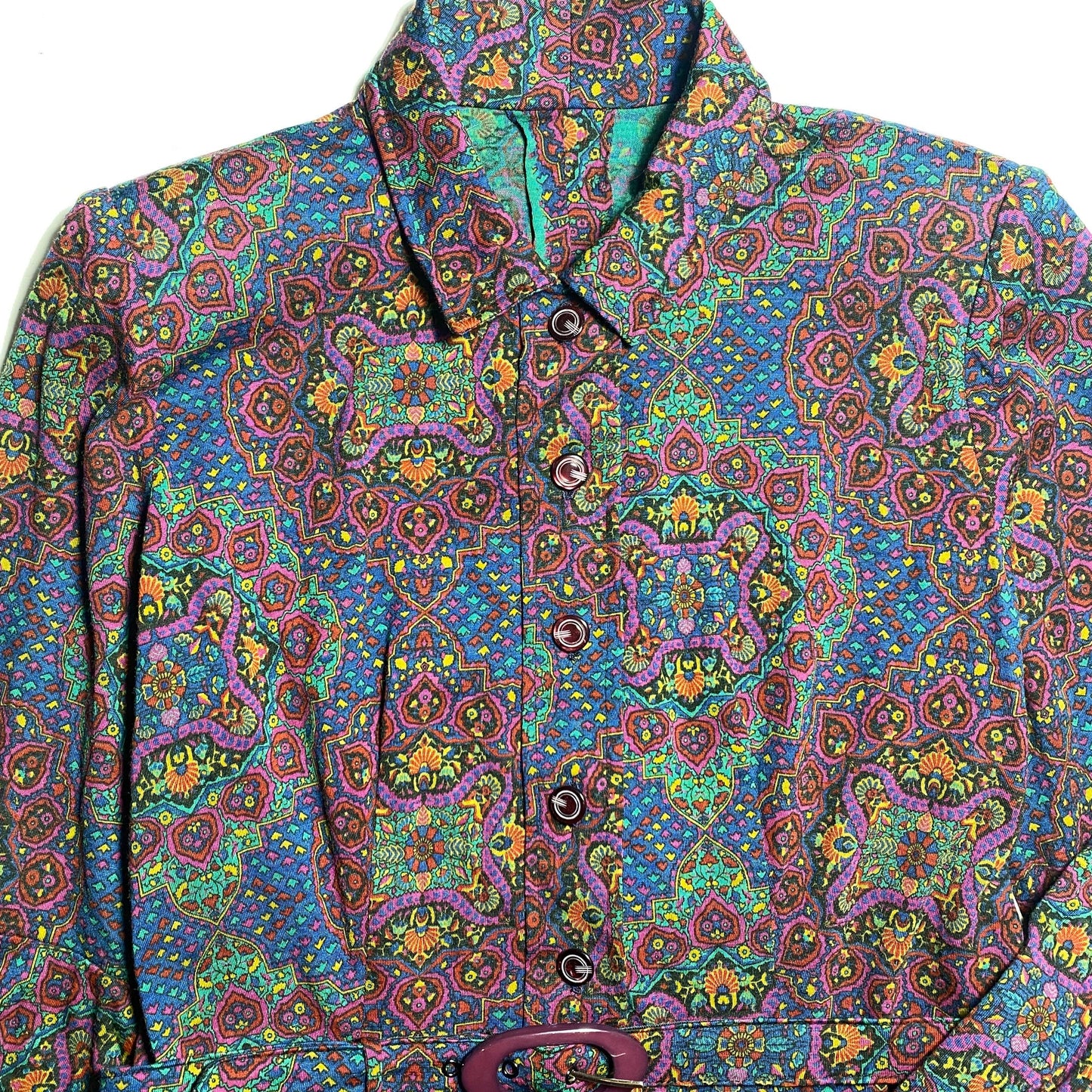 1970s colorful wool boho dress with a catchy purple/blue/green floral stylized pattern similar to tapestry, mint condition