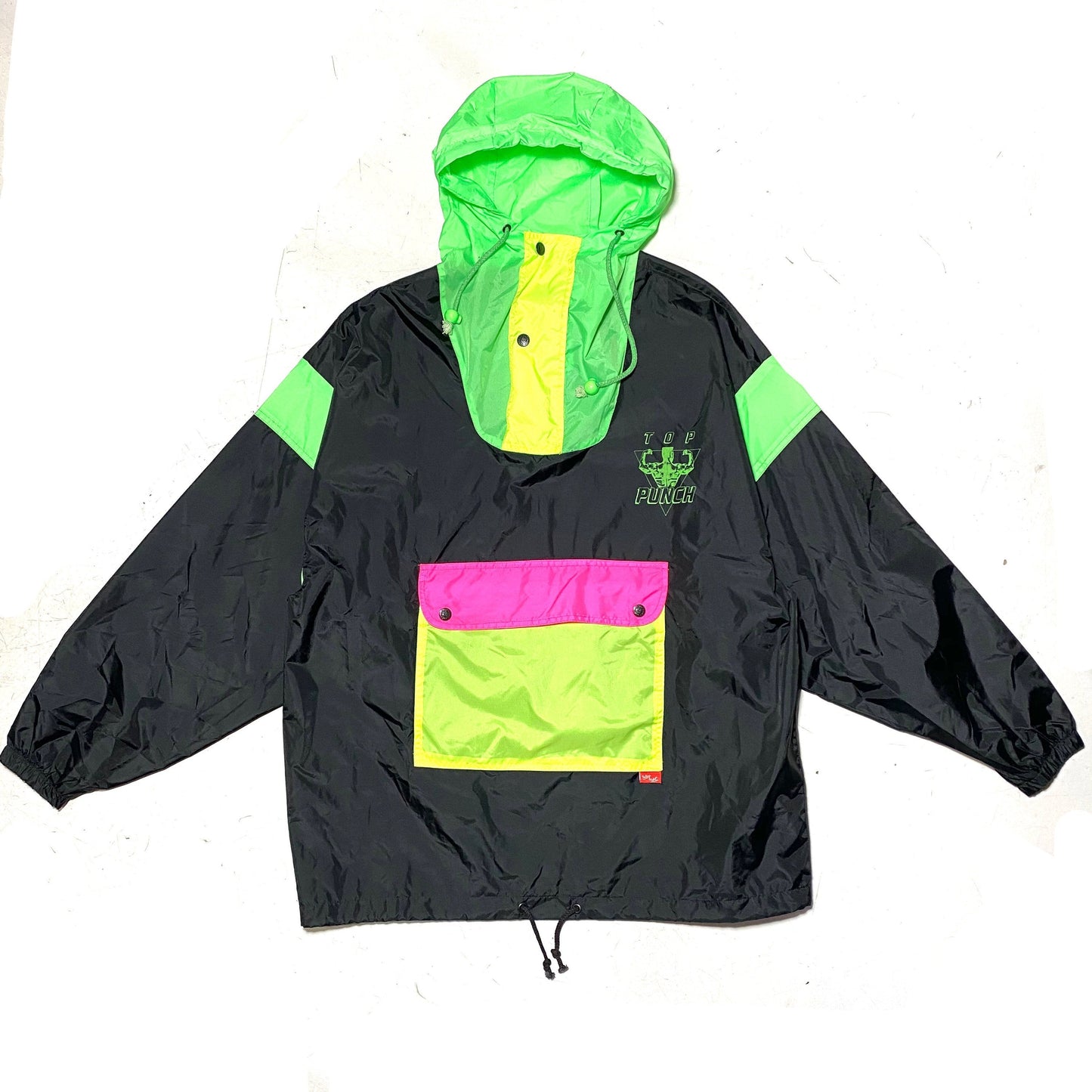 TopPunch black + neon colors pullover rain jacket, foldable into a waistpack 80s NOS mint