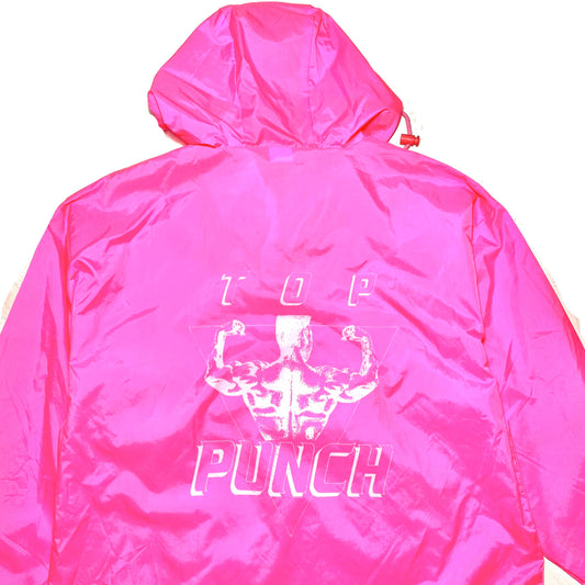 Top Punch foldable neon pink rain jacket with big back bodybuilder print, NOS 80s mint