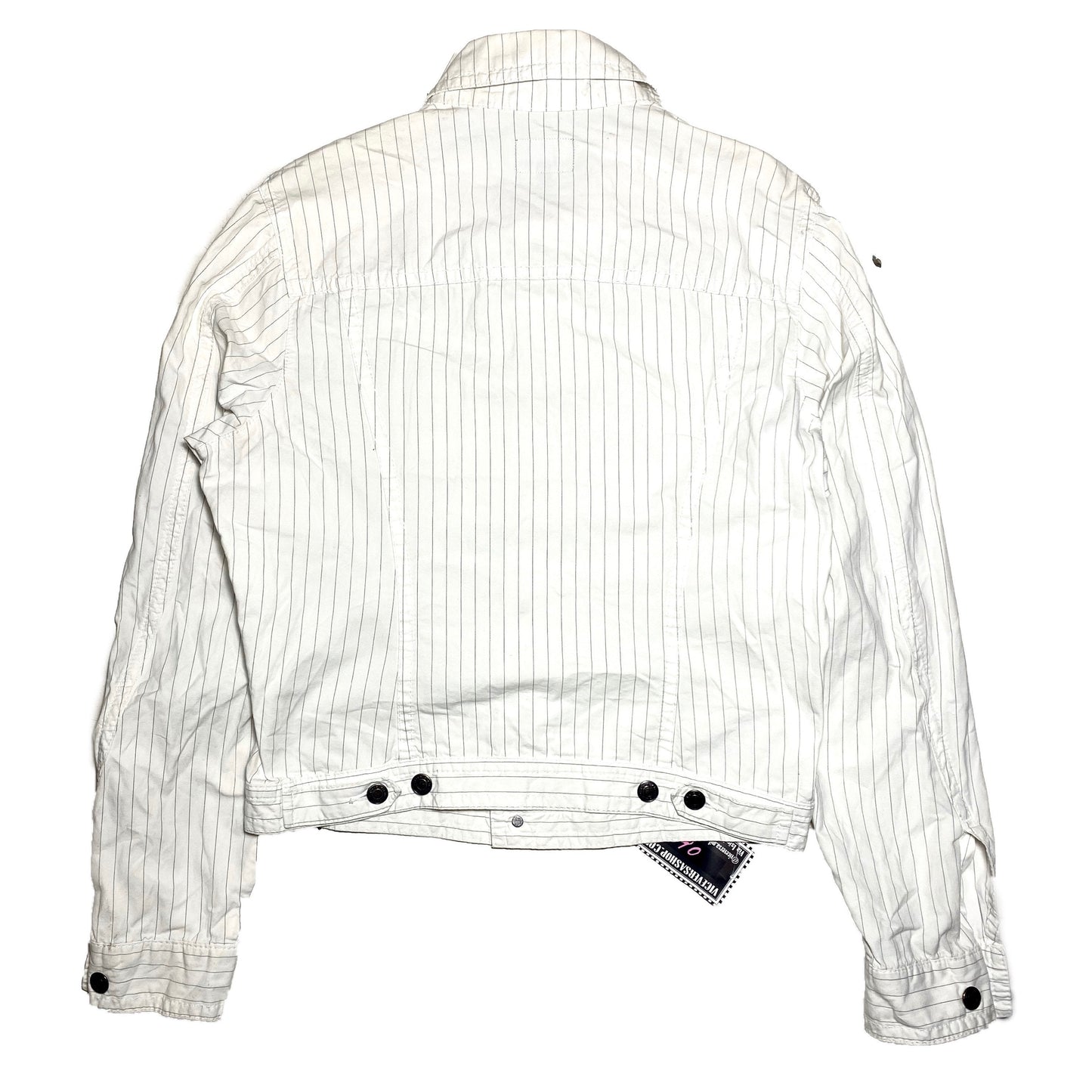 Calvin Klein white cotton trucker jacket with black pintstripe allover sz M, 90s mint condition