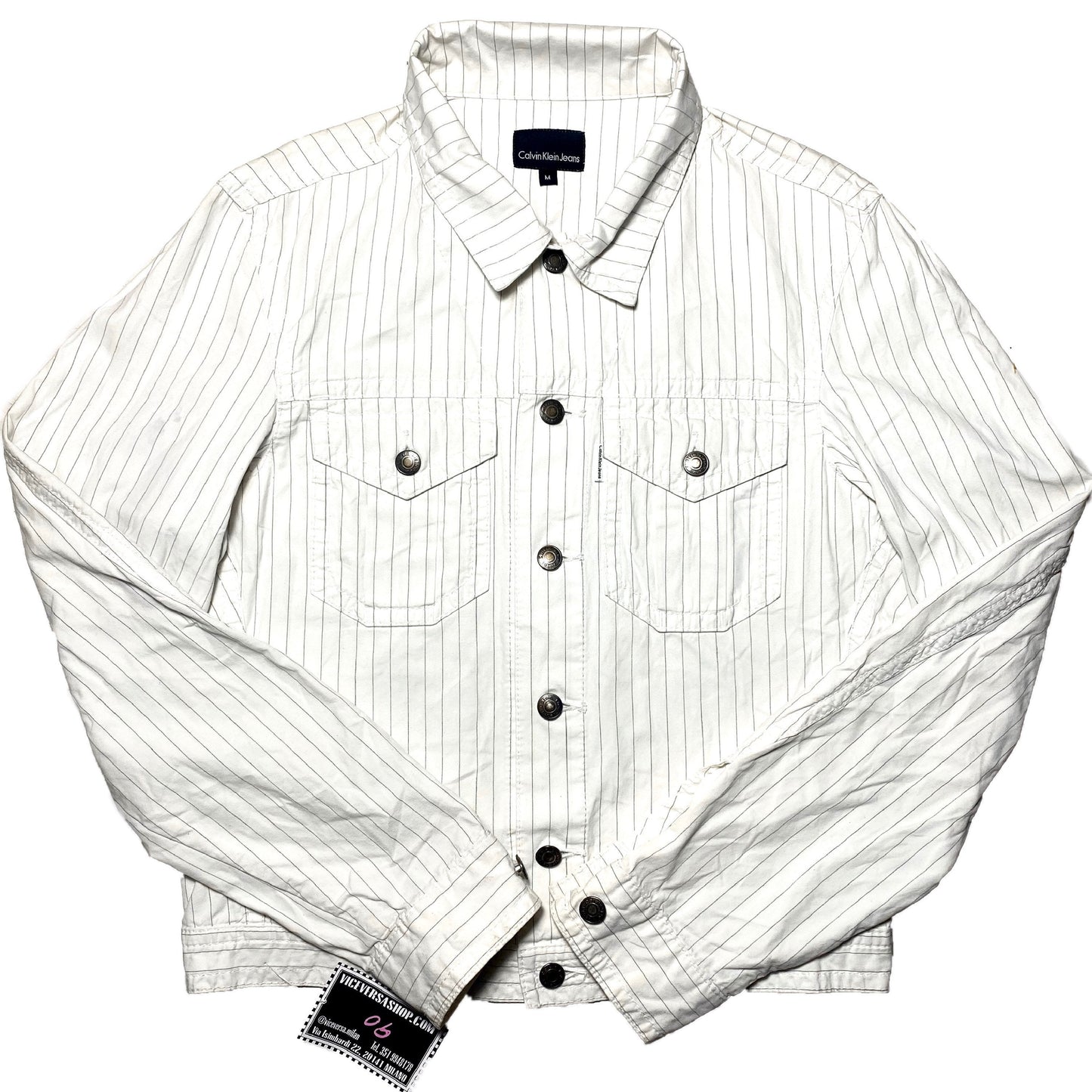 Calvin Klein white cotton trucker jacket with black pintstripe allover sz M, 90s mint condition