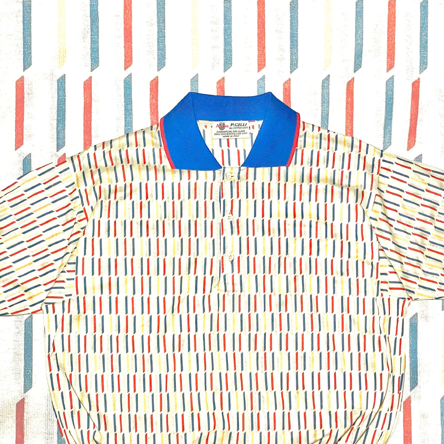 AvonCelli 70s NOS primary red yellow blue geometrical allover fine cotton shirt, minty sz 42