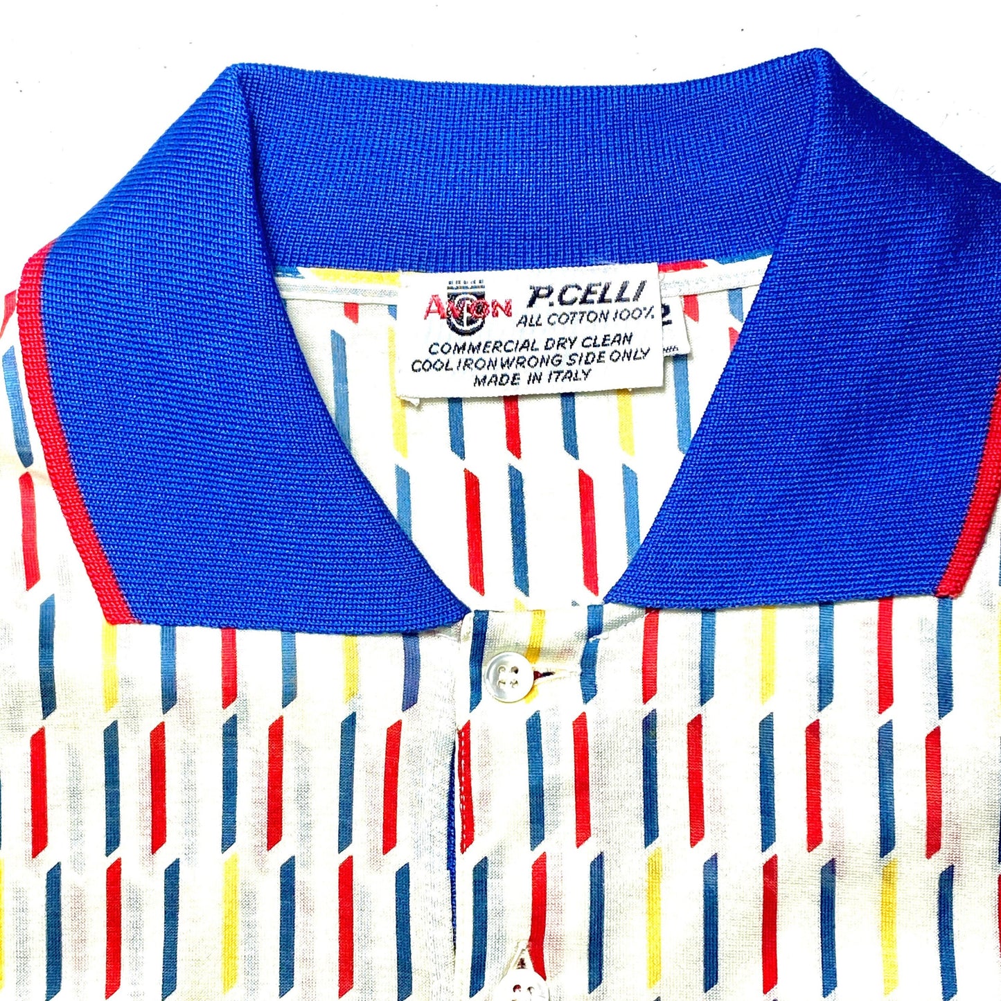 AvonCelli 70s NOS primary red yellow blue geometrical allover fine cotton shirt, minty sz 42