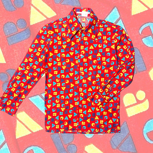 70s primary colors tapered collar shirt, red w/letters allover, kids size 152cm tall