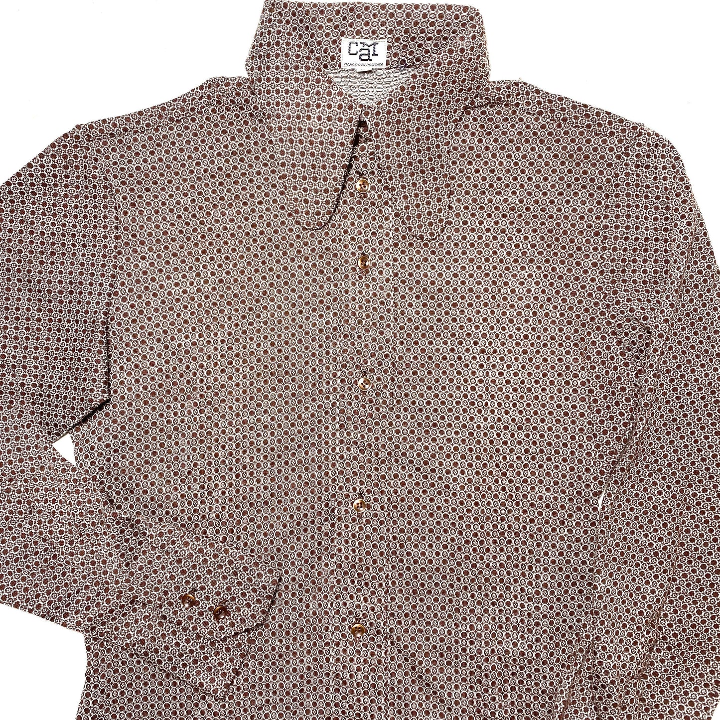 Cam brown/white beagle neck shirt, jacquard knit geometrical allover, made in Italy 1970 NOS in perfect condition