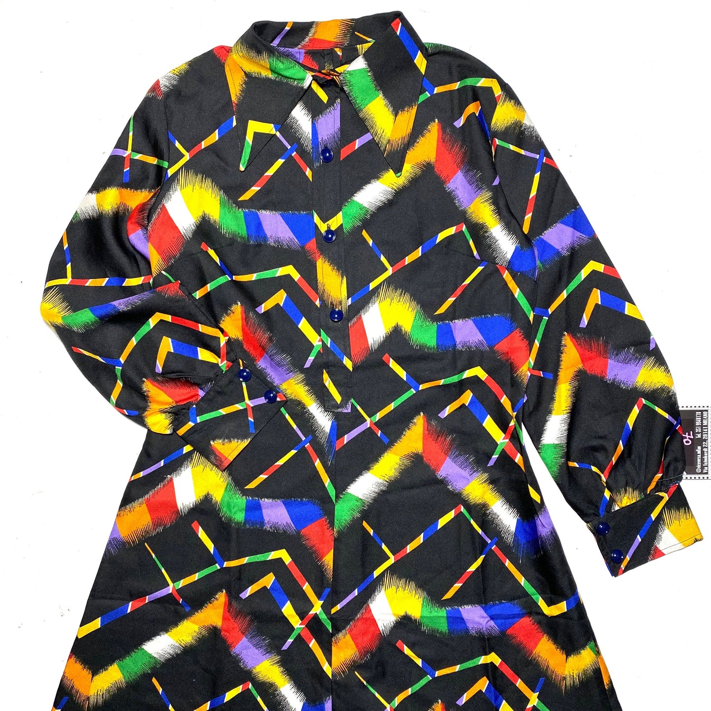 1970s MOd style satin shirt dress w/beagle collar, colorful abstract allover black base, perfect condition.