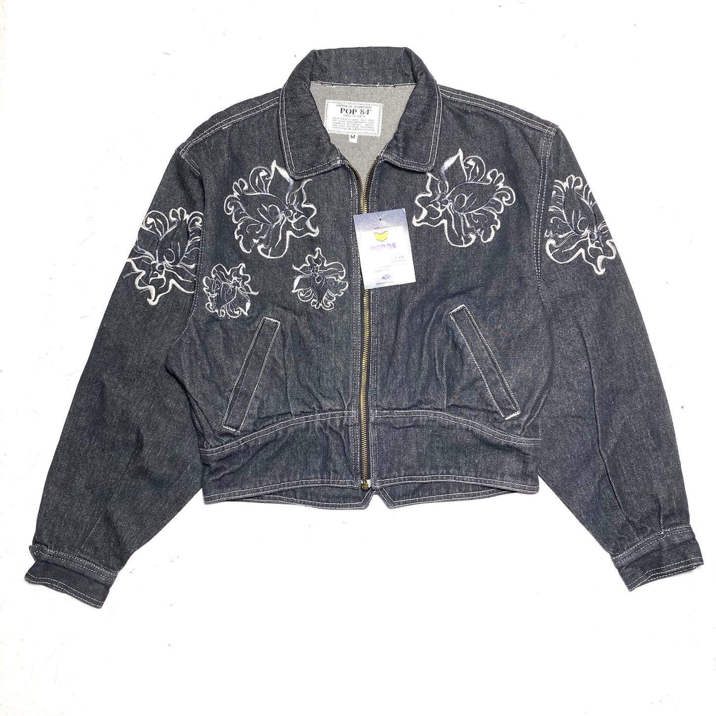 Pop 84 crop zip-up gray denim jacket with floral embroidery, new with tags 1980s Italy sz S, M