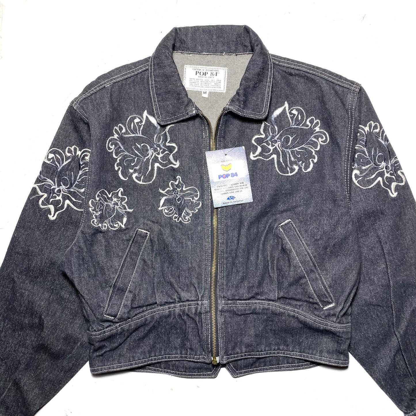 Pop 84 crop zip-up gray denim jacket with floral embroidery, new with tags 1980s Italy sz S, M