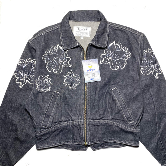 Pop 84 crop zip-up gray denim jacket with floral embroidery, new with tags 1980s Italy sz S, M