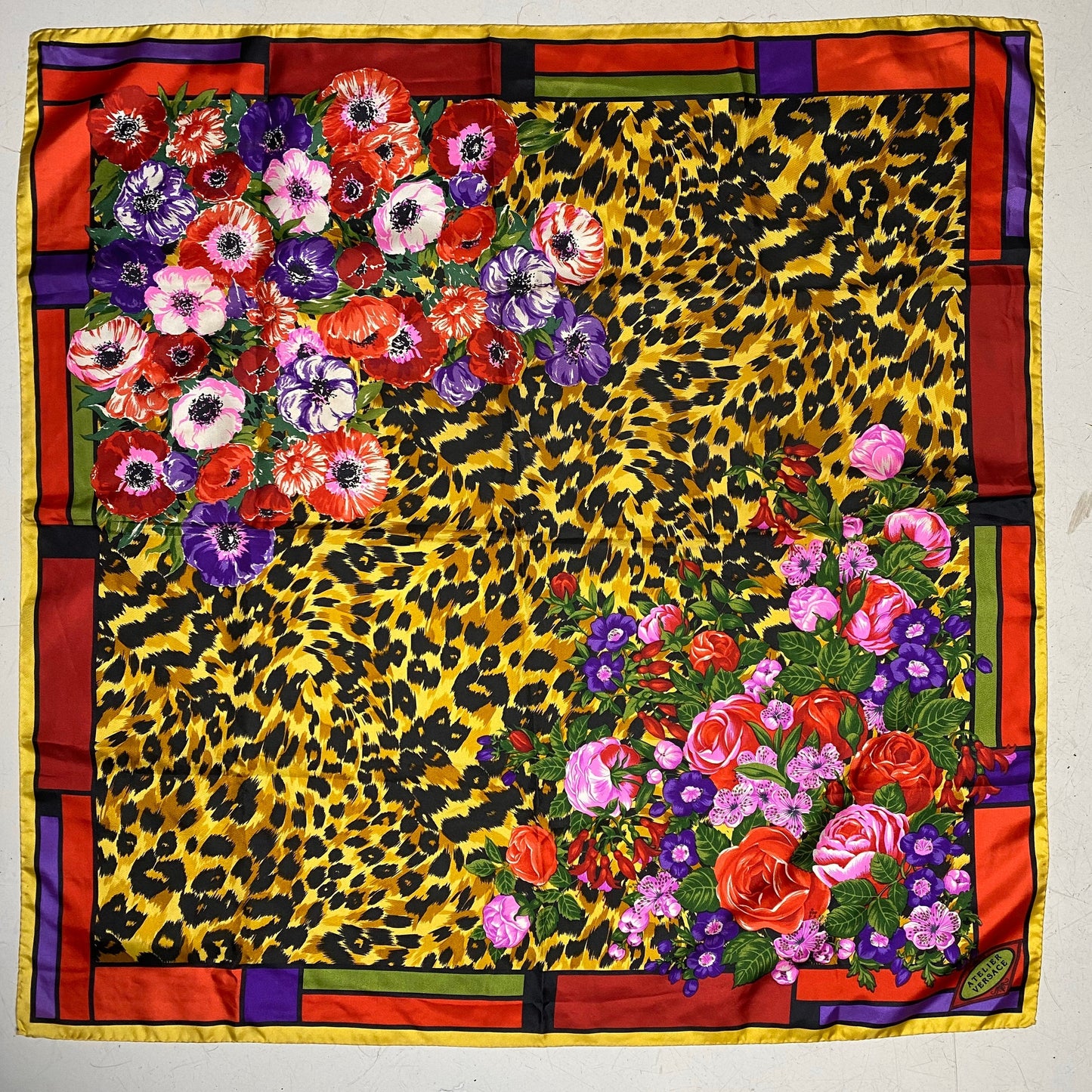 Atelier Versace vintage 90s baroque floral/cheetah pure silk scarf, as new.