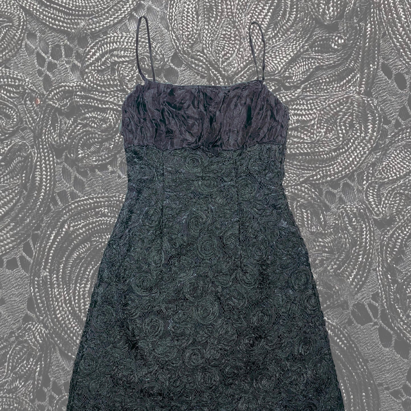 Luxury elegant black silk dress fully coated in macramè & laces, Incredible haute couture piece, mint size M