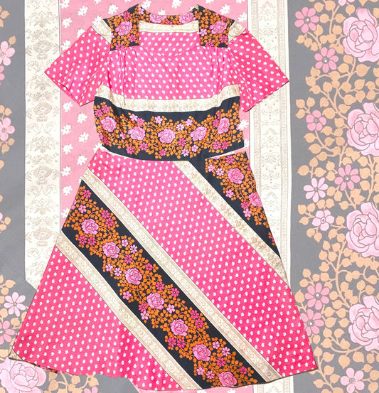 1970s pink/black-floral striped allover blouson dress sz 48