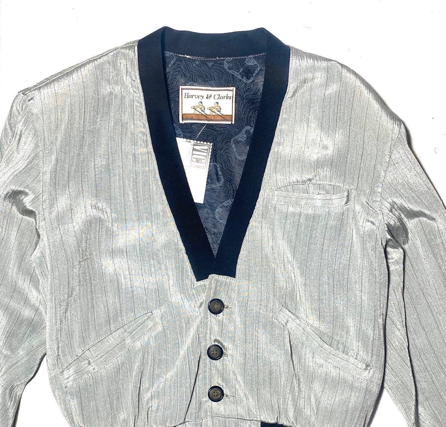 Harvey & Clarks finest satin light grey pinstripe blazer/cardigan, unusual piece, 1980s Italy NOS