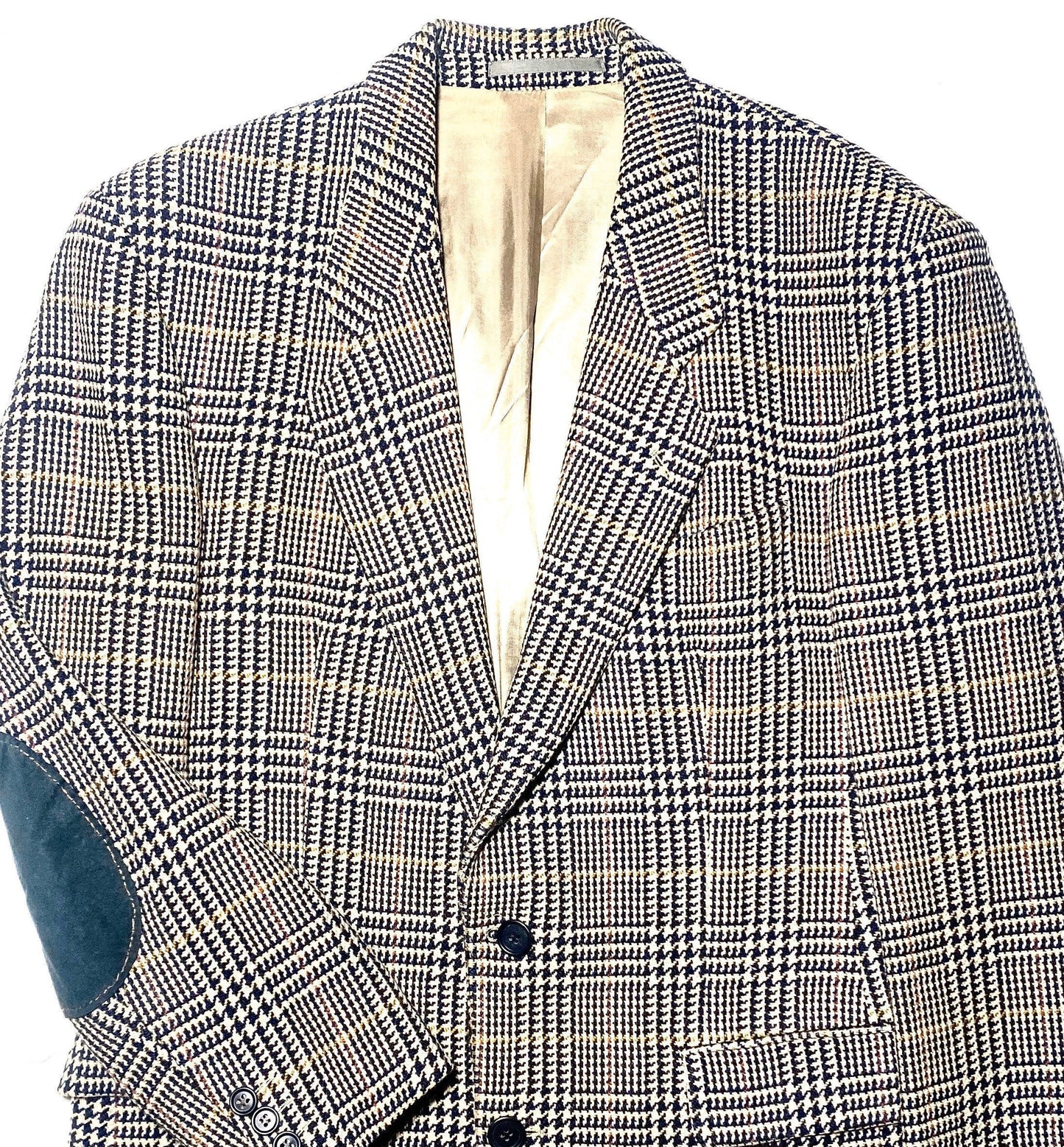 Hugo Boss pure new lambs wool elegant tartan blazer, white base with black blue red mustard lines, sz 46, 80s Germany