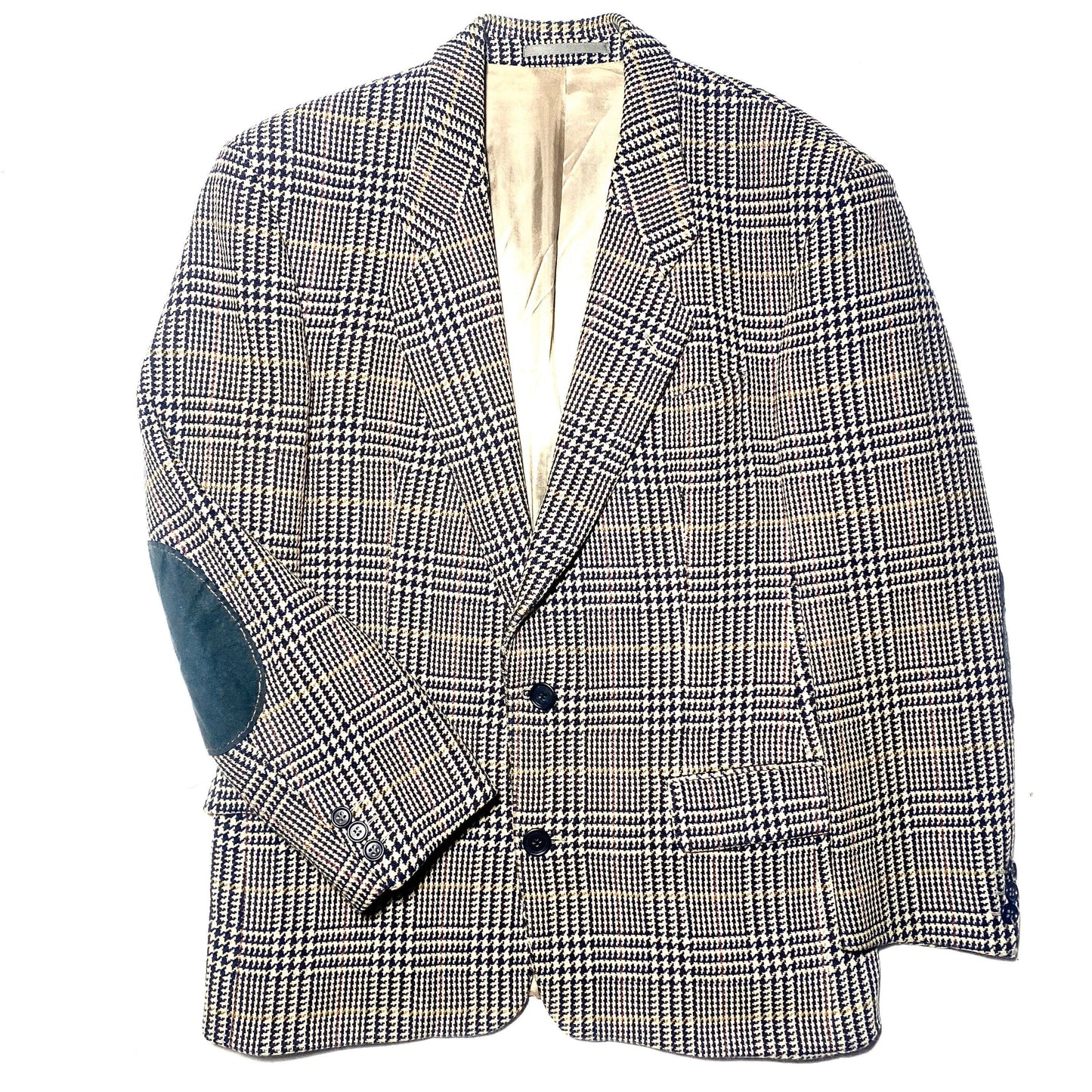 Hugo Boss pure new lambs wool elegant tartan blazer, white base with black blue red mustard lines, sz 46, 80s Germany