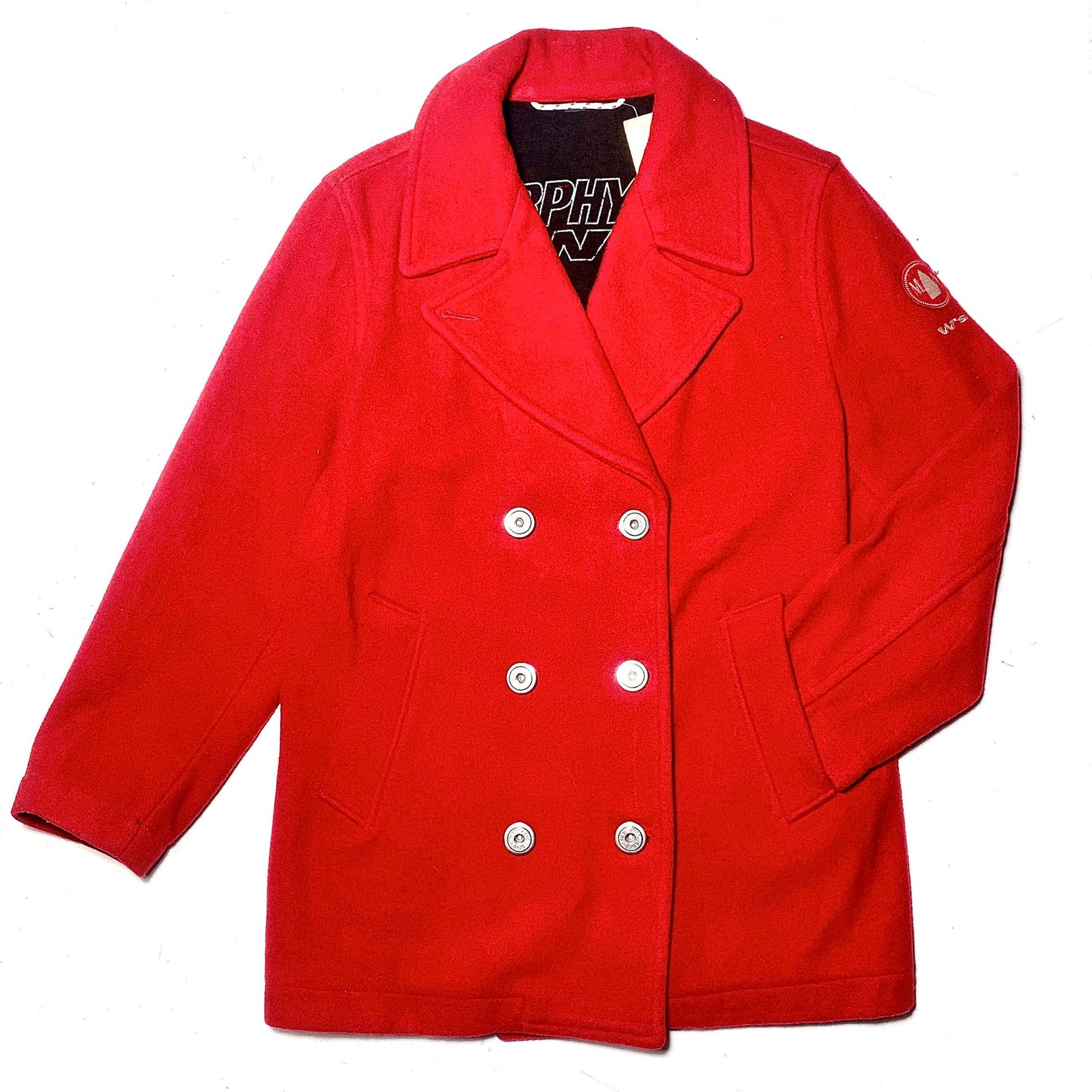 Murphy Nye red wool peacoat with warm tech lining & inox buttons, 90s Italy great condition