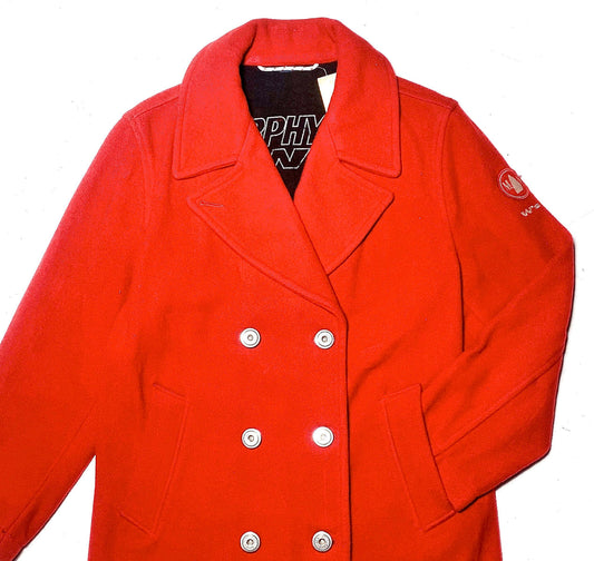 Murphy Nye red wool peacoat with warm tech lining & inox buttons, 90s Italy great condition