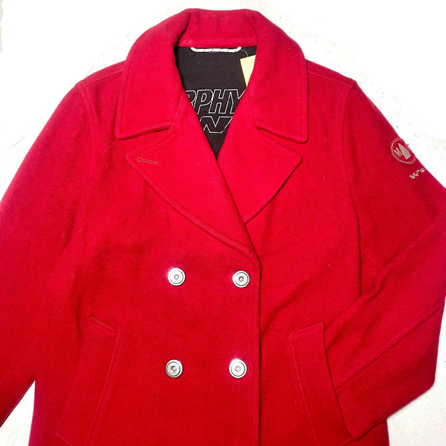 Murphy Nye red wool peacoat with warm tech lining & inox buttons, 90s Italy great condition