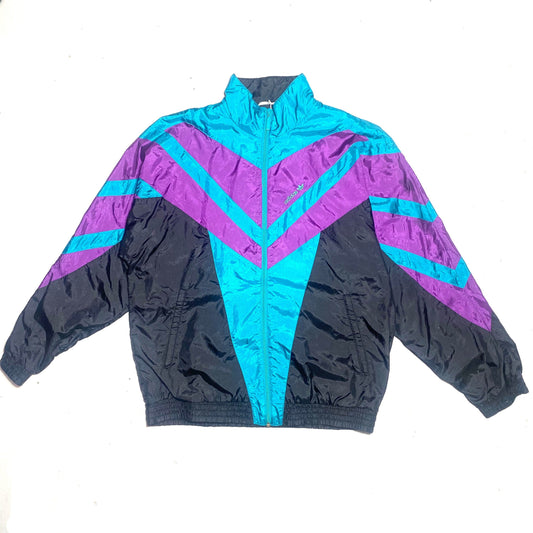 Adidas vintage black/purple/sea green geometrical patchwork windbreaker tracktop jacket, mint condition sz L