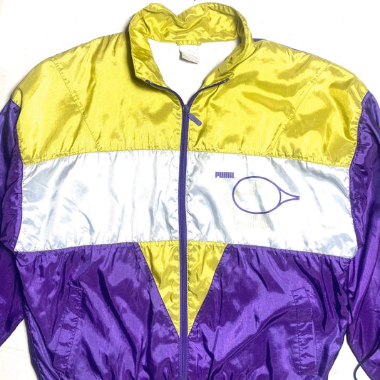 Puma satin tracktop windbreaker, violet/acid green/ silver with tennis racket print, minty