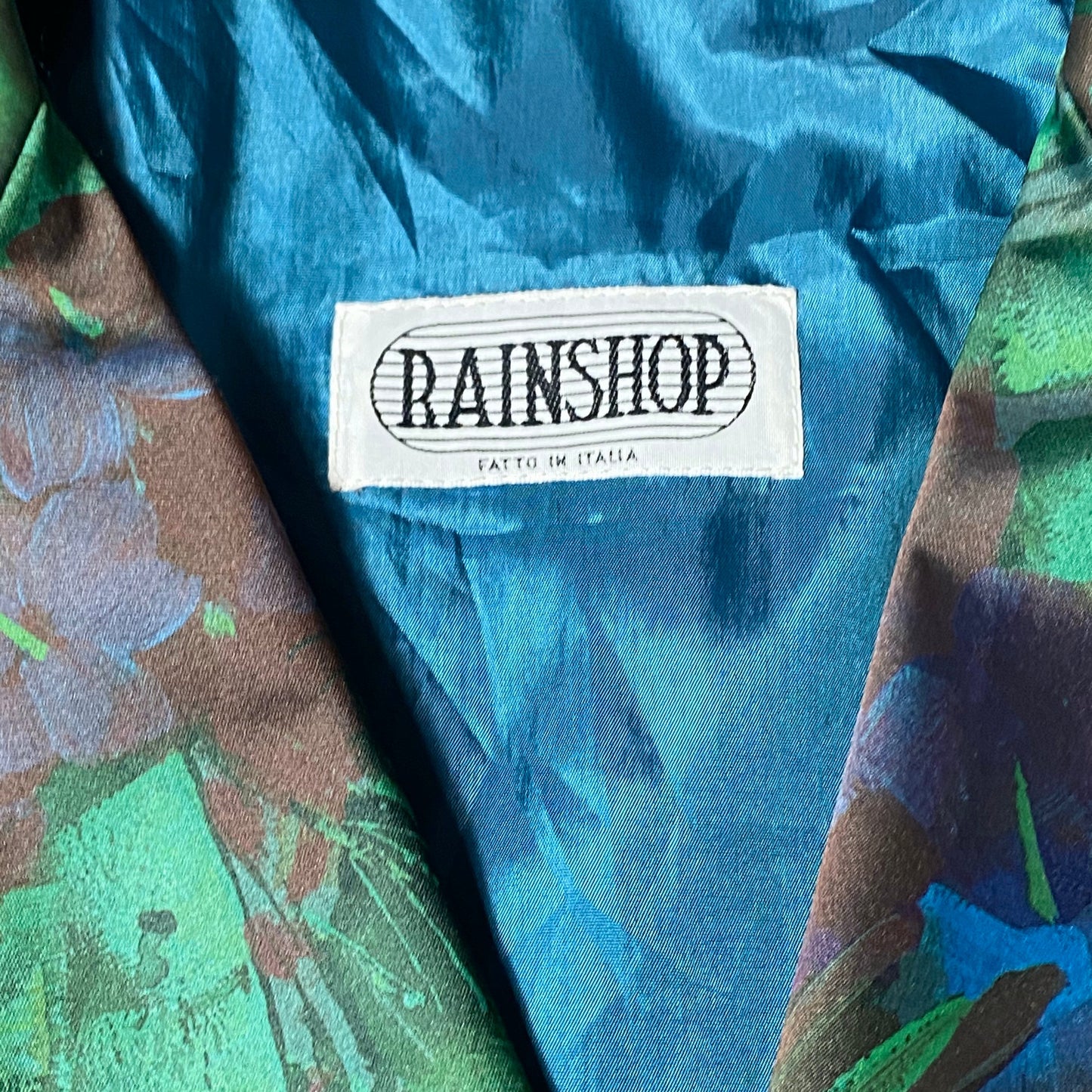 RainShop satin green floral / plants allover print rain trenchcoat, very light and fresh, Italy 90s Mint