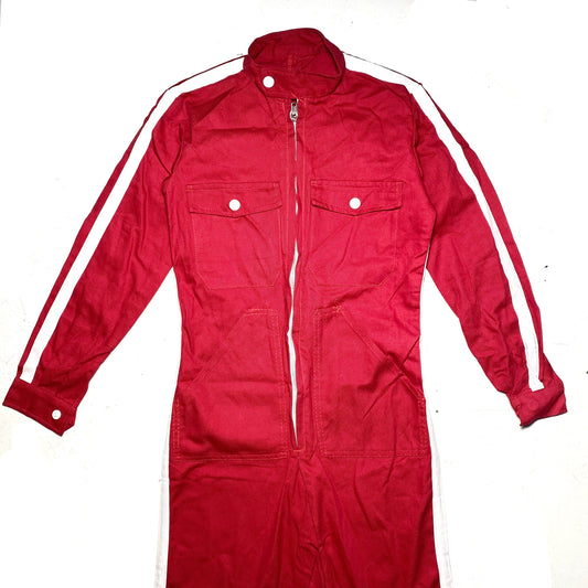 Cute red kids go-kart mechanic overall suit in cotton canvas with white stripe detail, NOS 70s