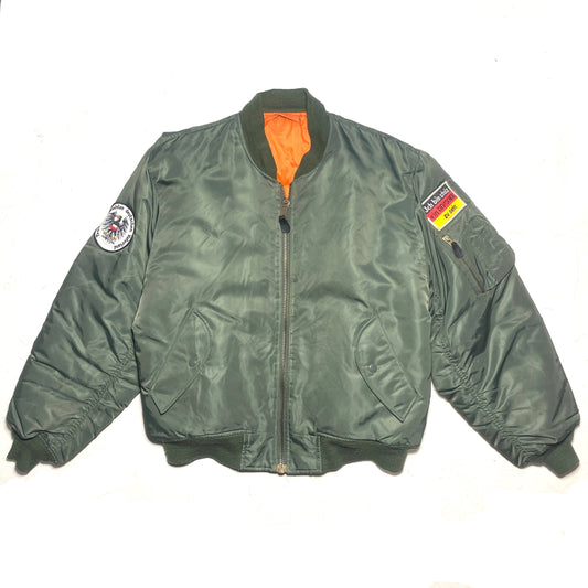 St.Army Ind. MA-1 green nylon bomber with German Pride nationalist patches, 80s mint condition.