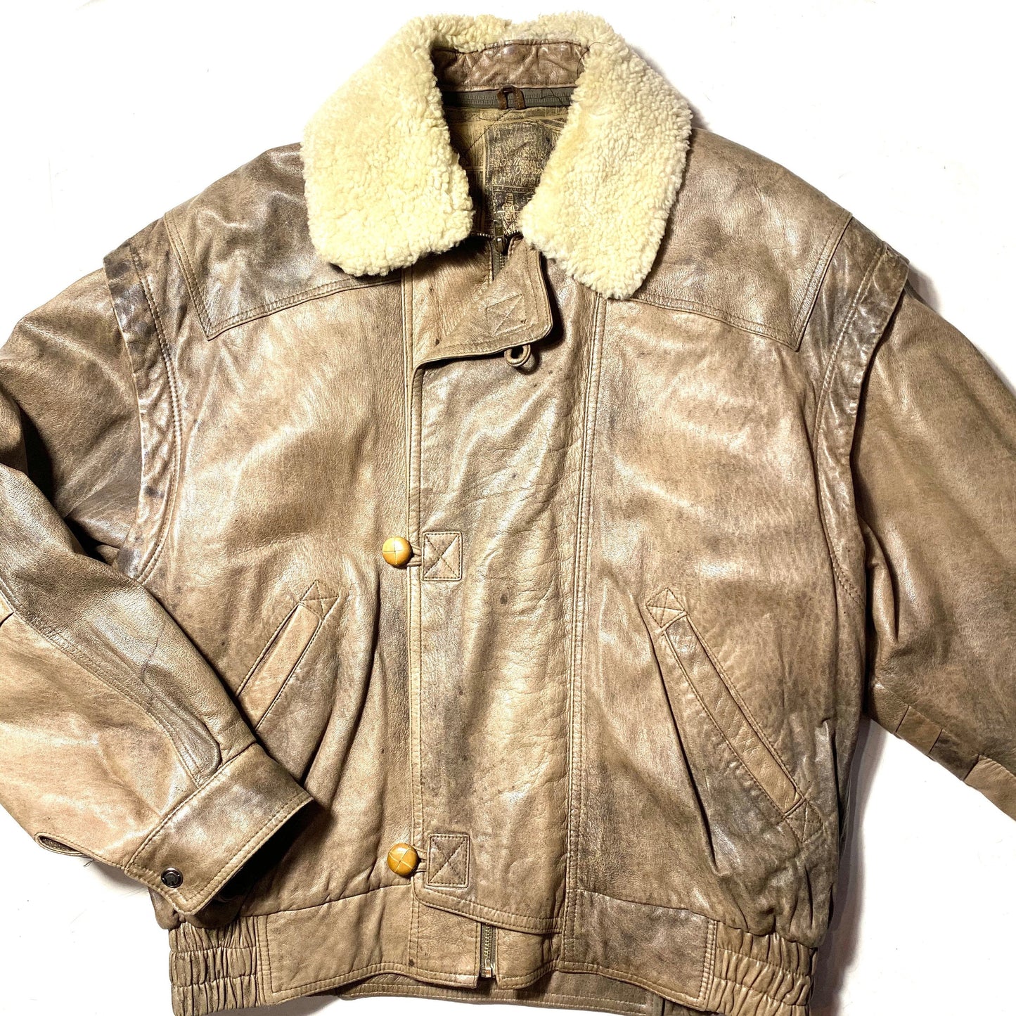 Aviator style padded leather jacket with detachable shearling collar sz L, 50 Italy 80s perfect condition