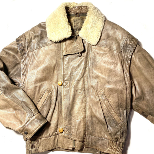Aviator style padded leather jacket with detachable shearling collar sz L, 50 Italy 80s perfect condition