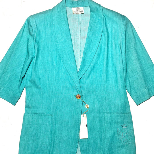 Zanewa for Guidotti Milan sea green fine denim blazer jacket with embroidered detail, 1980s NOS.